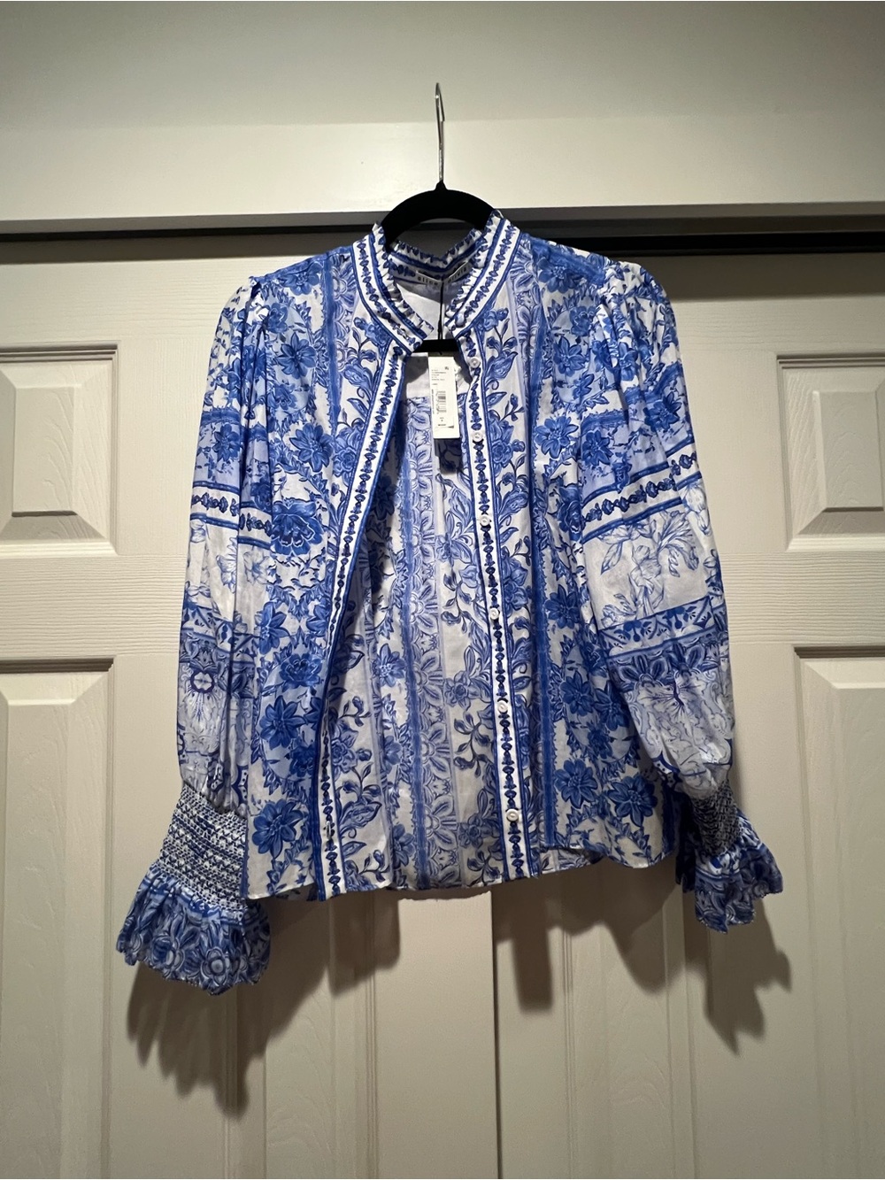 Alice + Olivia White Top with Blue Floral Ruffle Trim